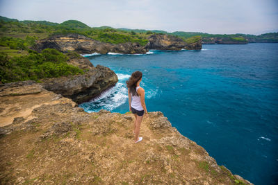 Rear view of man standing on rock by sea against sky