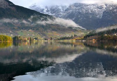 Scenic view of lake by snowcapped mountains against sky