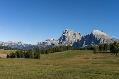 Scenic view of landscape and mountains against clear blue sky