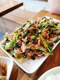 High angle view of food in plate on table