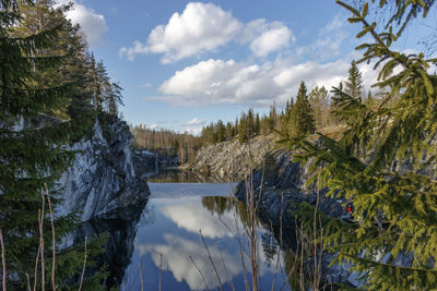 Scenic view of lake by trees against sky