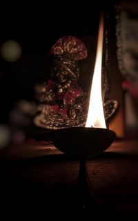 Close-up of lit candles on table