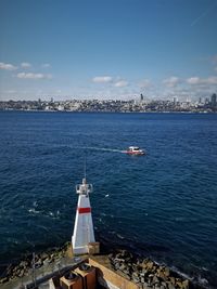 High angle view of sailboat sailing on sea against sky