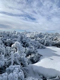 Snow covered landscape against sky