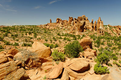 Rock formations on landscape against sky