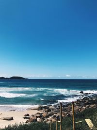 Scenic view of sea against clear blue sky