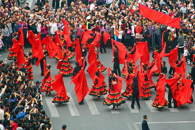 High angle view of chinese new year parade on street in city