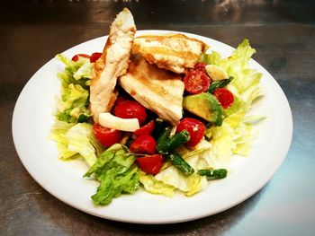 High angle view of meal served on table