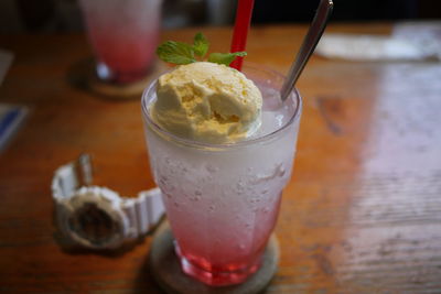 Close-up of ice cream on table