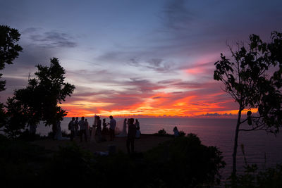 Silhouette trees by sea against sky during sunset