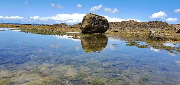 Reflection of rocks in lake against sky