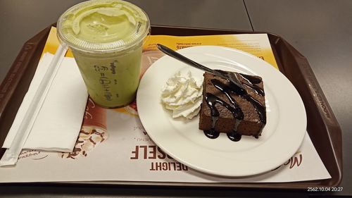 High angle view of dessert in plate on table