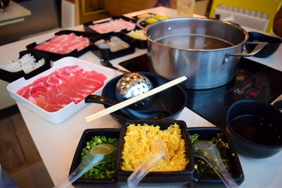 Close-up of food served on table
