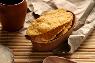 High angle view of breakfast on table