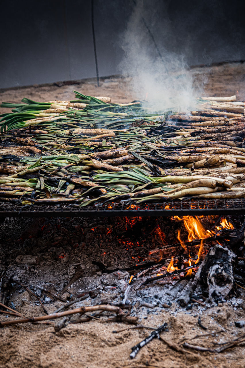 HIGH ANGLE VIEW OF BONFIRE ON BARBECUE