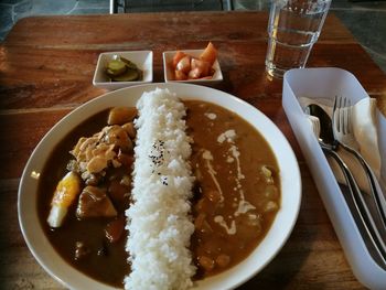 High angle view of food in bowl on table