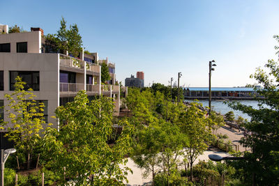 Plants and trees by building against sky