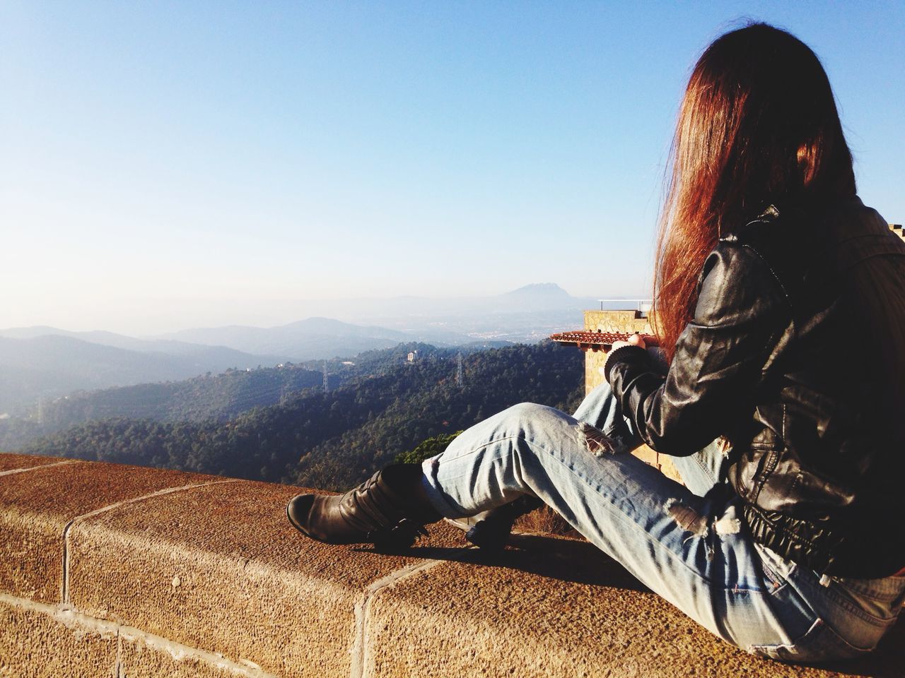 one animal, clear sky, animal themes, leisure activity, copy space, mountain, sitting, lifestyles, young adult, side view, long hair, domestic animals, rear view, working animal, mammal, full length, horse, day