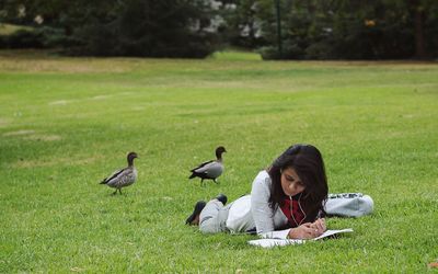 Woman lying on grass while reading book in park