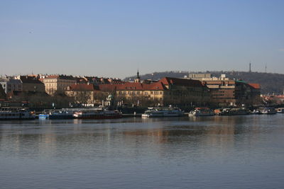 View of river and buildings against clear sky