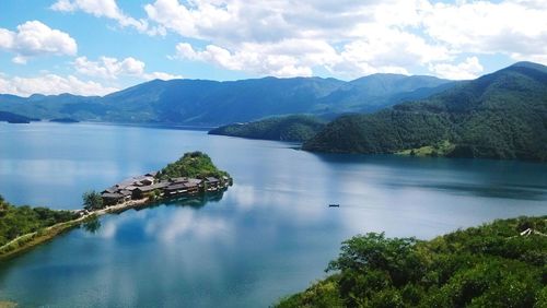 Scenic view of lake and mountains against sky