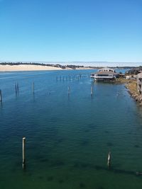 Scenic view of sea against clear blue sky