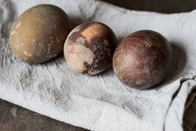 Easter eggs naturally dyed with onion skins. selective focus.