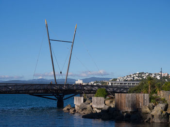 Bridge over river against clear blue sky