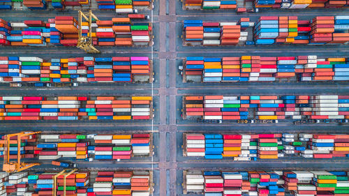 High angle view of container ship at commercial dock