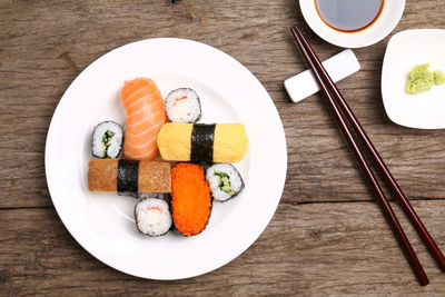 High angle view of sushi served on table