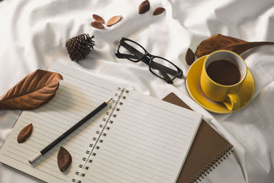 High angle view of coffee cup on table