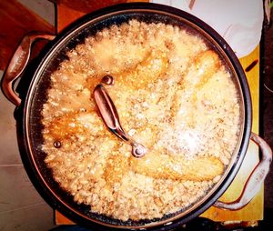 High angle view of ice cream in cooking pan