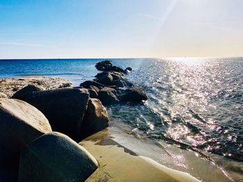 Scenic view of rocks on beach against sky