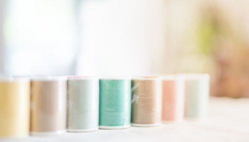 Close-up of multi colored objects on table