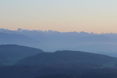 Scenic view of mountains against sky during sunset