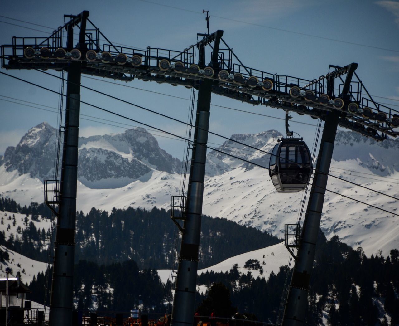 sky, mountain, overhead cable car, snow, cable, winter, landscape, ski lift, built structure, no people, cold temperature, scenics, nature, tree, outdoors, day, electricity pylon