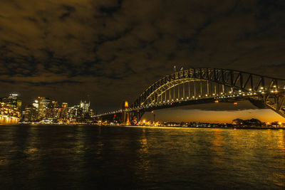 Illuminated bridge over river against sky at night