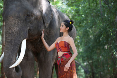Young woman touching elephant while standing against trees