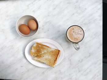 High angle view of breakfast on table