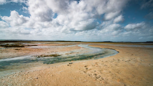 Scenic view of beach against cloudy sky