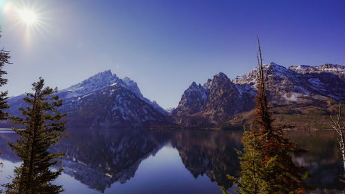 Scenic view of lake and mountains against blue sky