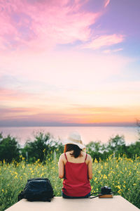 Rear view of woman sitting at field against sky during sunset