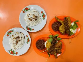 High angle view of food in plate on table