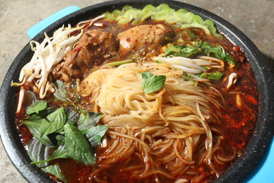 High angle view of soup in bowl