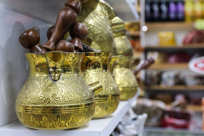 Close-up of electric lamps on table at store