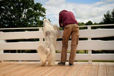 Rear view of man and dog on railing