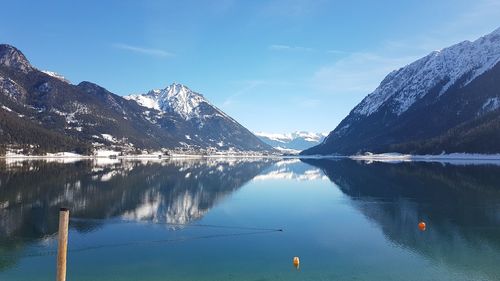 Scenic view of lake and mountains against sky