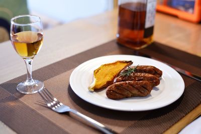 High angle view of food served on table