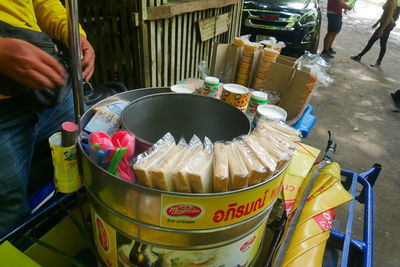 High angle view of food for sale at street market