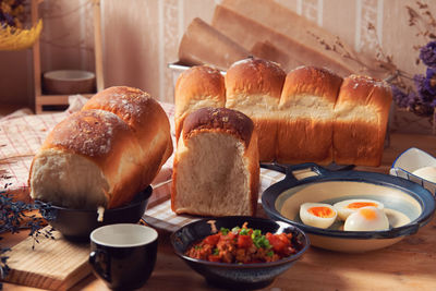 Close-up of breakfast served on table